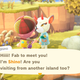 A screenshot of a villager meeting Shino on a Nook Island in Animal Crossing New Horizons.